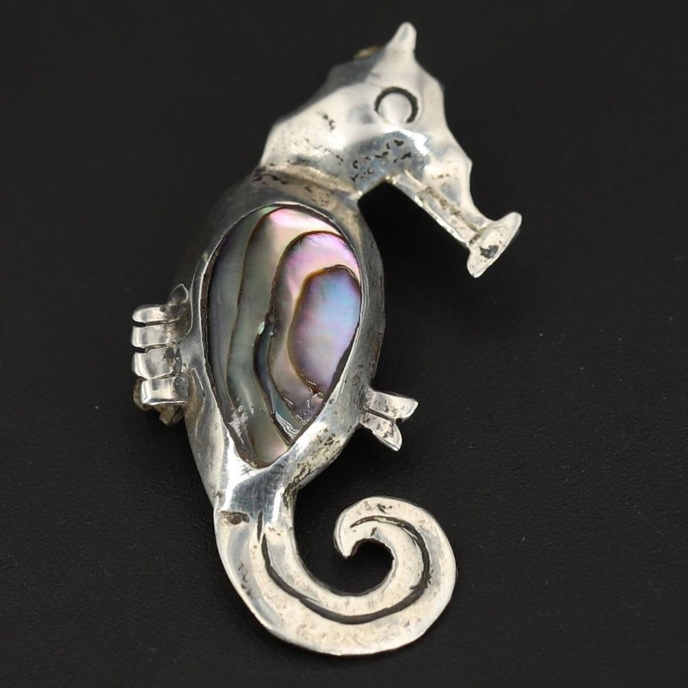 vintage  Sterling Silver 925 MEXICO Abalone Shell Marine Seahorse Brooch Pin 2.5